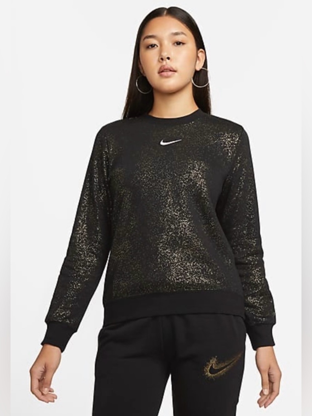Women’s NIKE Black Gold Sparkle Pullover Sweatshirt Top Size M